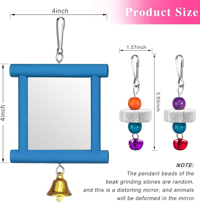 Sumind 2 Pieces Chicken Mirror Toys Hanging Swing Mirror with Bell Wooden Pecking Toy and 4 Pieces Beak Grinding Molar Stones for Hens Birds Parrots (Red,Blue)