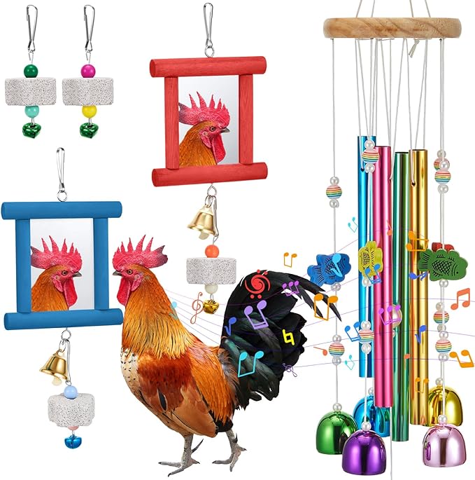 7 Pcs Chicken Toys, Hanging Chicken Wind Chime, 2 Pcs Coop Mirror Toys with Bells 4 Pack Beak Grinding Stones, Musical Coop Accessories for Hen Rooster Chick Poultry Bird(Rose Red, Blue)
