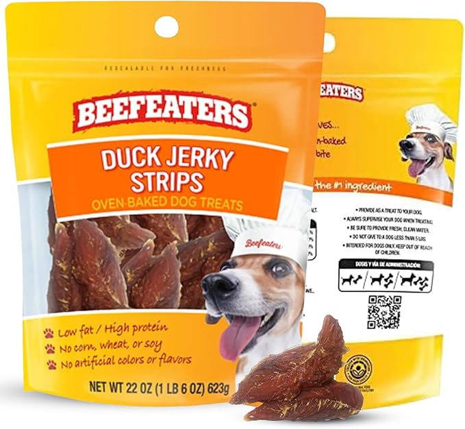 Beefeaters Duck Jerky Strips for Dogs 22 oz, Oven-Baked High Protein Dog Treats Duck Jerky - Low Fat Grain-Free Dog Snacks - No Corn Wheat or Soy - Chewy Dog Jerky Treats for Training and Rewards
