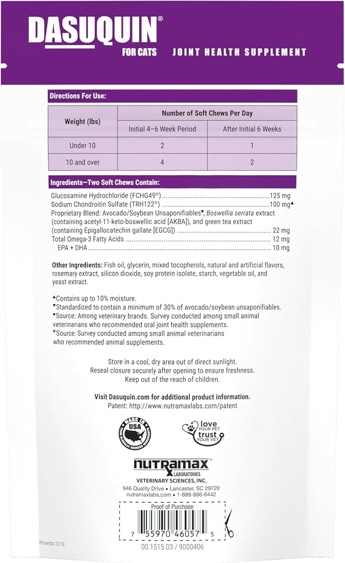 Nutramax Dasuquin Joint Health Supplement for Cats - with Glucosamine, Chondroitin, ASU, Boswellia Serrata Extract, Green Tea Extract, and Omega-3, 84 Soft Chews,(Pack of 2)