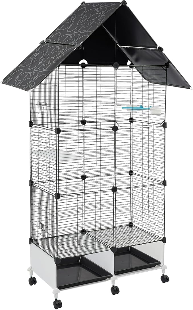 64 Inch 3-Tier Big Bird Cage with Food & Water Bowls Parakeet Bird Cage with Stand, Wheels Metal Birdcage Parrot Cage for Parakeet, Lovebirds, Ringneck, Cockatiels (Black, 3-Tier)