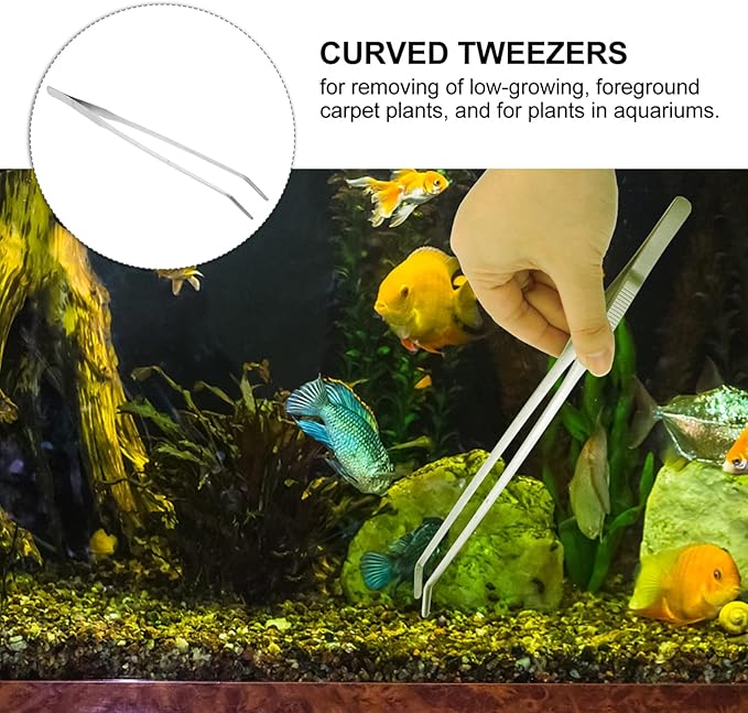 POPETPOP Stainless Steel Curved Tip Aquatic Plant Tweezers for Fish Tank Ergonomic Design for Easy Trimming of Foreground Plants Resistant Tongs for Aquarium Use