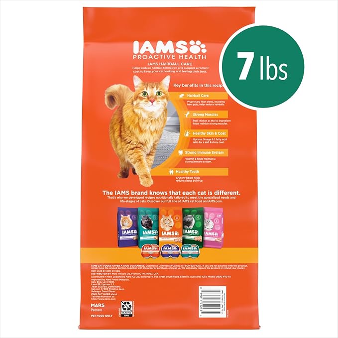IAMS Proactive Health Dry Cat Food Hairball Care, Adult Cat Food, with Real Chicken and Salmon, 7 lb. Bag