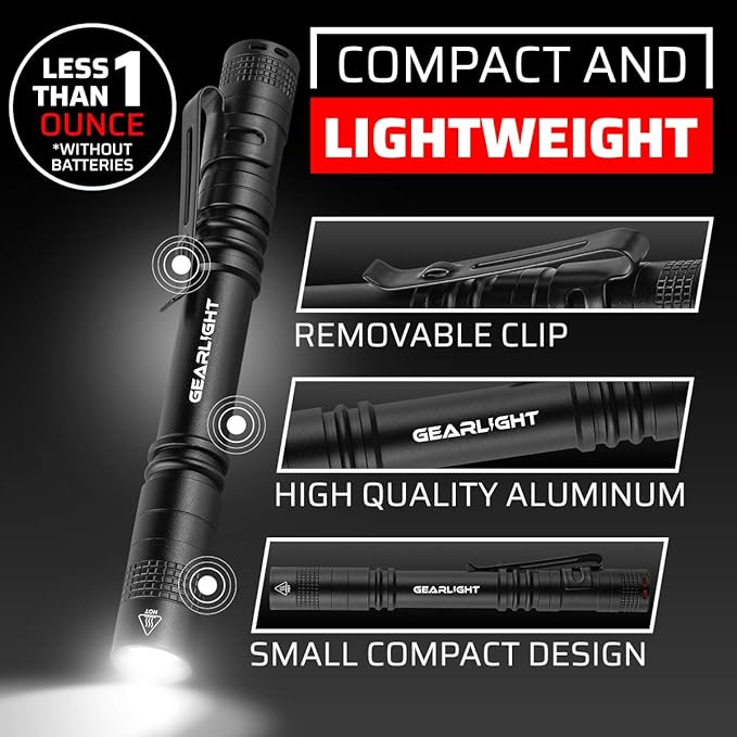 GearLight S100 LED Pocket Pen Light- 2 Small, Compact Flashlights with Clip for Tight Spaces, Police Inspection, Nurses & Medical Use - White Light - 2 Pack, (S100 Pen Light)