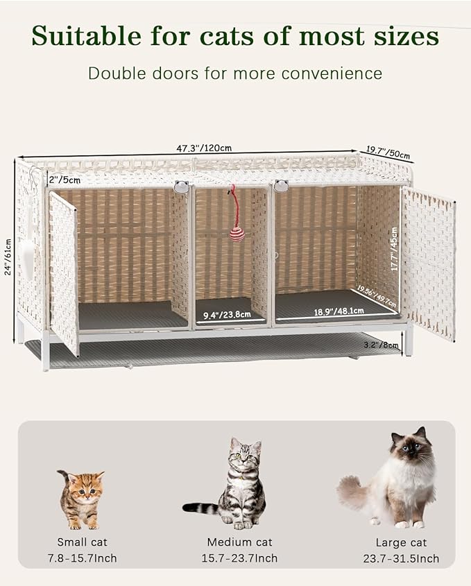 Cat Litter Box Enclosure for 2 Cats, Hidden Litter Box Furniture with Mat, Large Rattan Cat House with Double Room and Door, 47.3 L x 19.7 W x 24 H, 2 S-Shaped Hooks for Living Room White