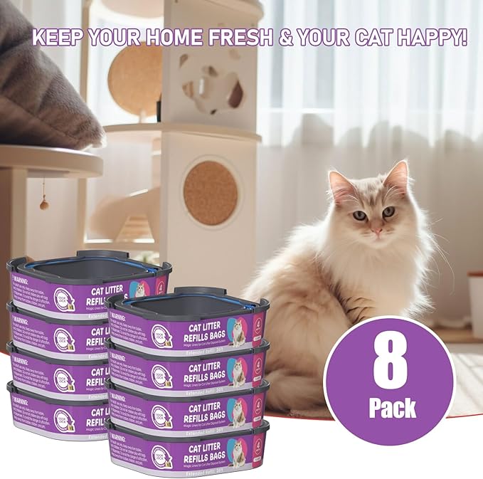 Cat Litter Refill Bags Cartridge, Compatible with Litter Cat Genie Standard, Plus, XL, XL+ Pail Refills, 7-Layer Odor Control Pet Waste Bags 8 Pack