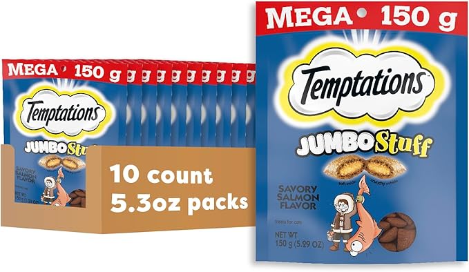 Temptations Jumbo Stuffed Cat Treats, Crunchy and Soft Cat Treats, Savory Salmon Flavor, 5.3 oz. Pouches (Pack of 10)