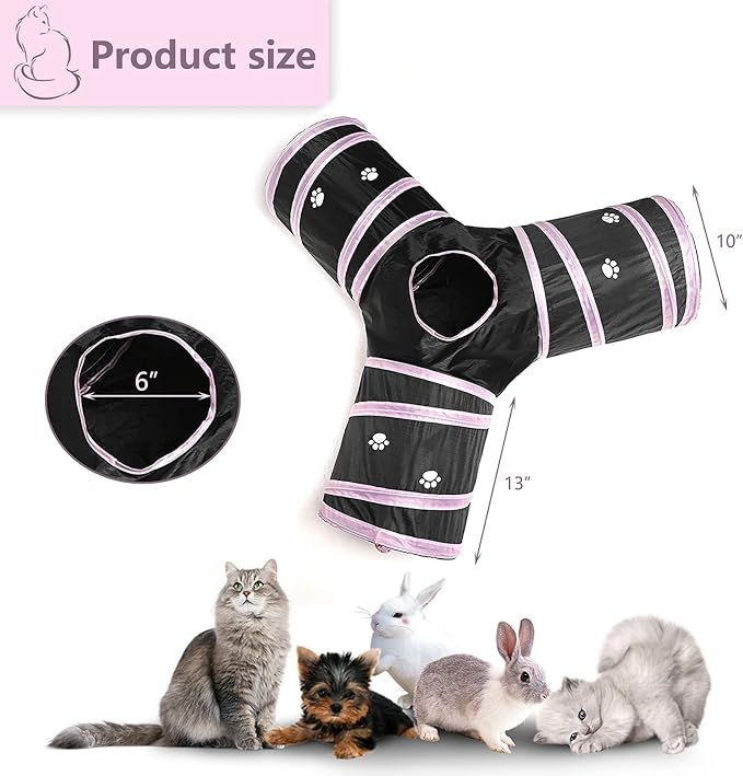 3 Way Cat Tunnel Collapsible Fun Pet Play Tube Toys for Cats, Kittens, Puppies & Rabbits - Portable Tunnel with Hanging Ball for Indoor Play, Hideout & Exercise
