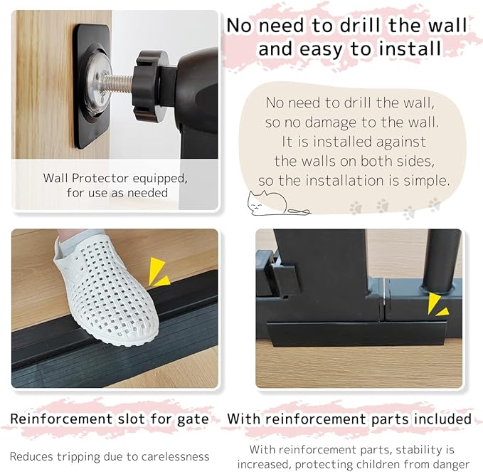 Lumizone Extra Tall Cat Gate 61.02" High Pressure Mounted Extra Wide 38.39"-59.24" (17Sizes) 1.37" Gap No Drilling Auto-Close Tall Pet Gate for Dogs (Black, 30.12"-59.24" W)