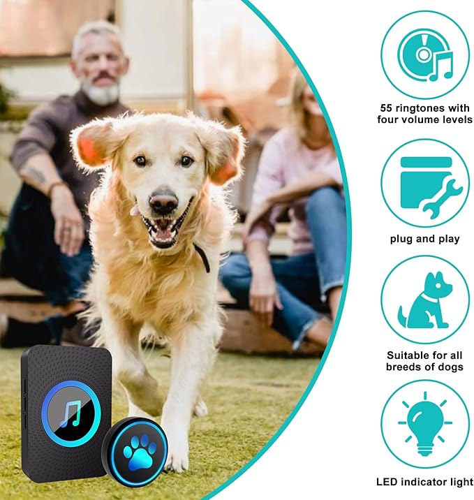 Dog Door Bell for Potty Training, Smart Wireless Doggie Doorbell to Go Outside, 1000 Feet Long Range with IP65 Waterproof Super-Light Touch Button, 60 Melodies & Adjustable Volume (1Black)
