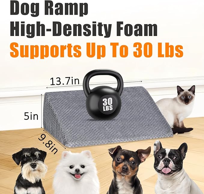 Dog Ramp for Stairs for Small & Senior Dogs and Cats – Non-Slip Stair Wedges for Dogs with Gentle Slope, Pet Ramp with Washable Cover & Self-Sticky Pads for Safe Climbing (Gray, 3 Pack)