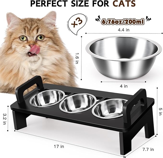 Bamboo Elevated Cat Bowls, 3 Stainless Steel Raised Cat Bowl with Stand, 15°Tilted Cat Feeding Station, Cat Food and Water Bowl Set for Small Cats and Puppy, Anti Vomitting, Whisker Fatigue (Black)