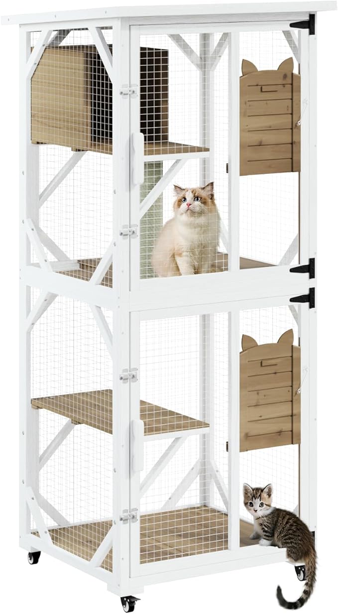 LEMBERI 71" Cat House Outdoor Catio Cat Enclosures on Wheels, Large Outside Patio Wooden Cat Cage Resting Box,Scratching Post, Waterproof Roof (White)