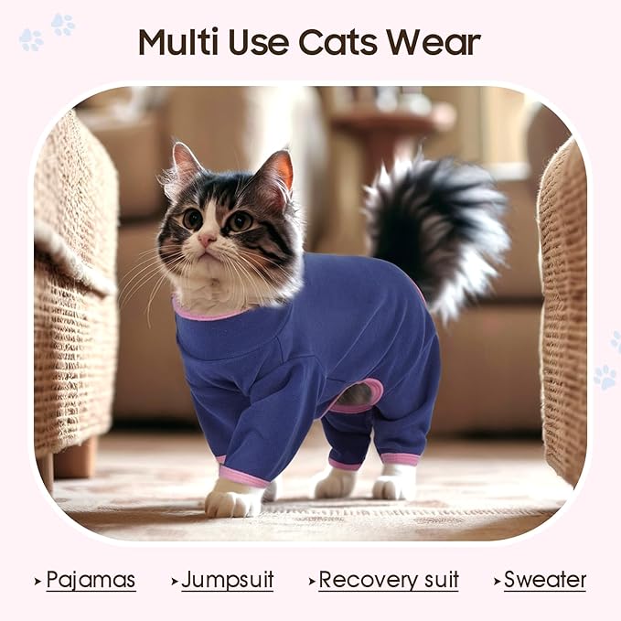 DENTRUN Cat Clothes for Hair Control with Hair Sticky Fabric - Soft Recovery Suit & Breathable Lint-Resistant Cat Sweater for Cats Only, Kitten Onesie Pajamas, XXL, Blue
