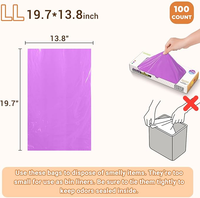 Odor-Sealing Cat Litter Bags - 100 Count Unscented Cat Poop Bags with Strong Odor Control, Leakproof & Durable Pet Waste Bags (Size:XL, Color: Purple)