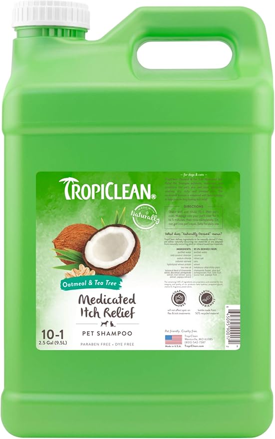 TropiClean Oatmeal Dog Shampoo for Itchy Skin Relief, Professional Dog Shampoo, Soothing Medicated Itch Relief, Puppy Safe, Made in USA, 2.5 Gallon