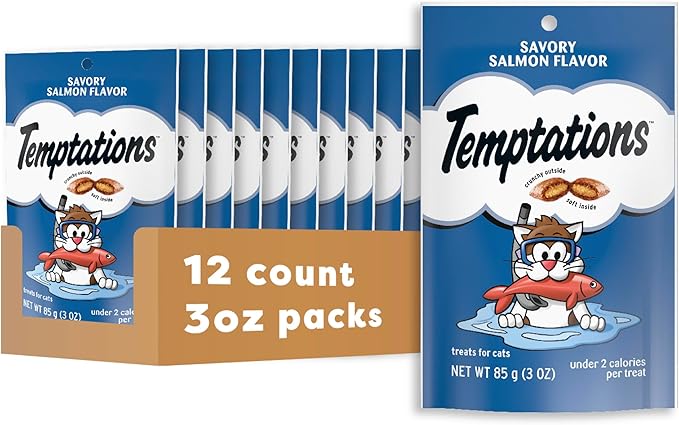 Temptations Cat Treats Classic Crunchy and Soft Cat Treats, Savory Salmon Flavor, 3 oz. Pouches (Pack of 12)