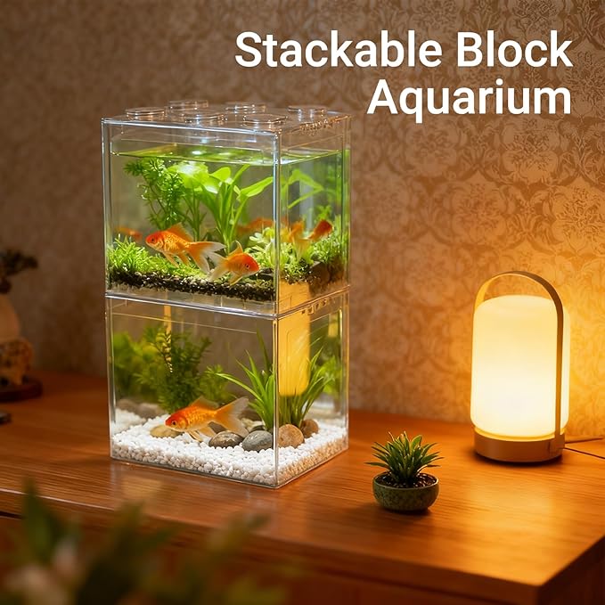 JIABEIUS 4 PCS Small Betta Fish Tank, 0.2 Gallon Mini Aquarium Tank, Cube Stackable Fish Bowl, Tiny Desktop Tank for Small Fish, Insect, Shrimp, Turtle, Spider