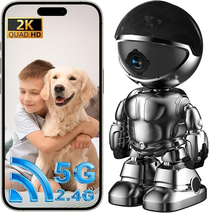 Indoor Camera Robot 2K,5G/2.4Ghz WiFi Robot Cameras for Home Security,360 PTZ Nanny Cam Dog Cam with Audio/Video Compatible with Alexa &Two-Way Talk,Pet Baby Camera with Human Detection Night Vision