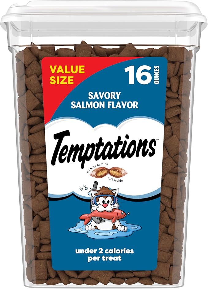 Temptations Cat Treats Classic Crunchy and Soft Cat Treats, Savory Salmon Flavor, 16 oz. Tub