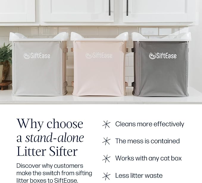 Cat Litter Sifter - SiftEase Litter Box Sifting, Fast Scoop Free Cleaning, Large Sift with Bin for Longer Lasting Litter, Easy Clean Sifting Litter Box Cleaner (Light Grey)