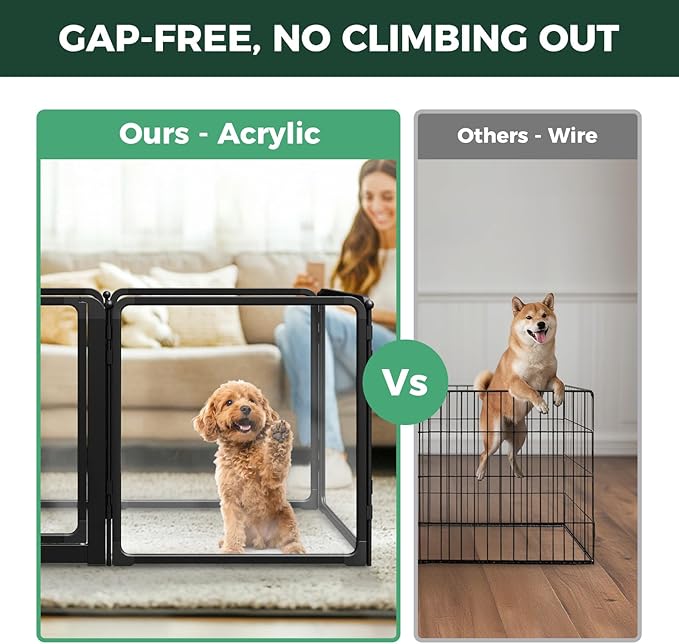 FXW AuraSpace Pro Metal & Acrylic Indoor Dog Playpen, All-Acrylic Clear Heavy-Duty Design, 24" Height 8 Panels for Puppies & Small Dogs, Black│Patented