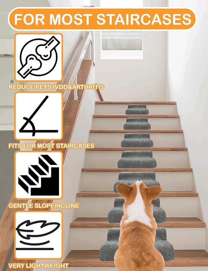 Dog Ramp for Stair, High Density Foam Dog Ramp for Stair, Non-Slip Pet Steps with Low Angled for Dog Paws for Any Staircase Pet Ramp for Small Dogs Senior Pets Injured Dogs (Gray, 4 Pack)