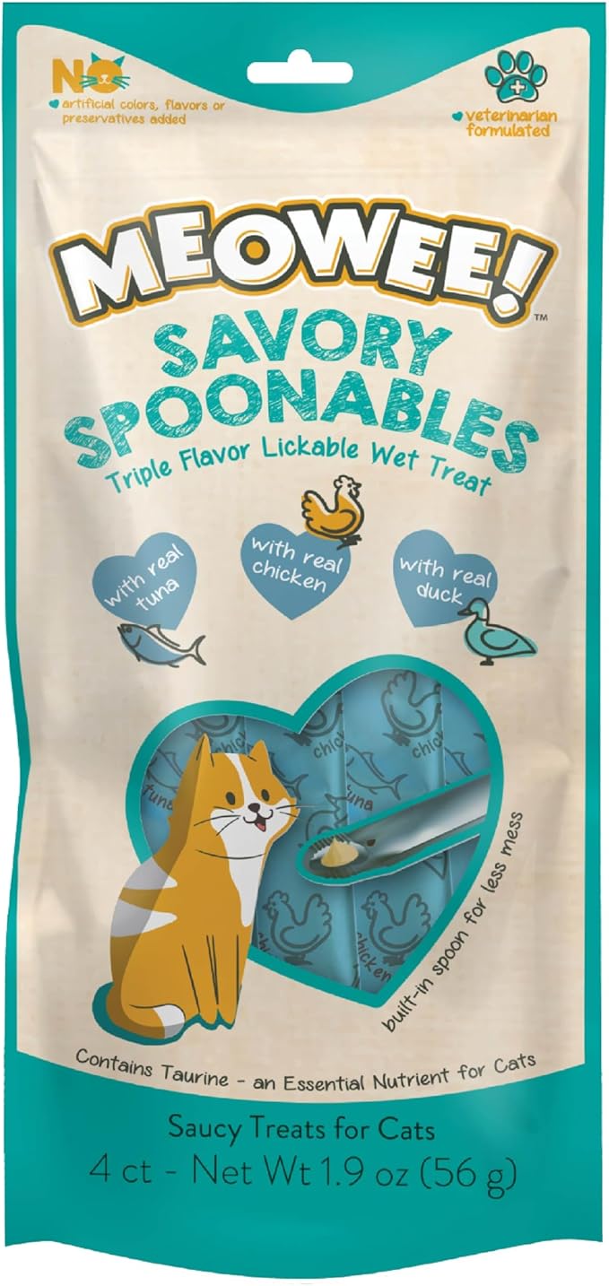 Savory Spoonables with Real Tuna, Chicken & Duck, 4 Count Tube, Triple Flavor Squeezable Lickable Wet Treats for Cats with Built-in Spoon for Less Mess (Pack of 2)