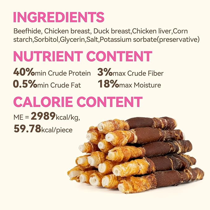 Dog Treats Rawhide Sticks with Chicken, Duck & Chicken Liver, Triple Flavor Beefhide Chews for Small & Medium Dogs, 5 Inch, 15 Count, 10.58 oz