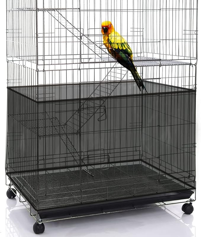 SIMENA Bird Cage Seed Catcher, Skirt for Bird Cage, Nylon Mesh Bird Cage Liners for Large Cages, Elastic and Easy Cleaning Bird Cage Cover, Suitable for Most Cage Shapes (Black 59-79 inch)