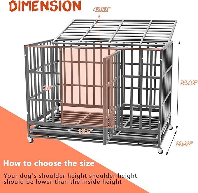LEMBERI 42 inch Heavy Duty Indestructible Dog Crate, Escape Proof Dog Cage Kennel with Lockable Wheels,High Anxiety Double Door Dog Crate,Extra Large Crate Indoor for Large Dog with Removable Tray