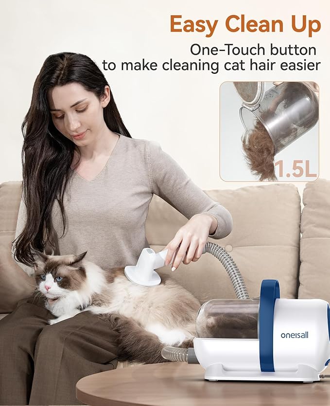 oneisall Cat Vacuum Groomer Quiet, Pet Vacuum Grooming Kit with Clipper Paw Trimmer & Brush, 1.5L Large Dust Cup Pet Vacuum for Shedding, Trimming & Home Cleaning