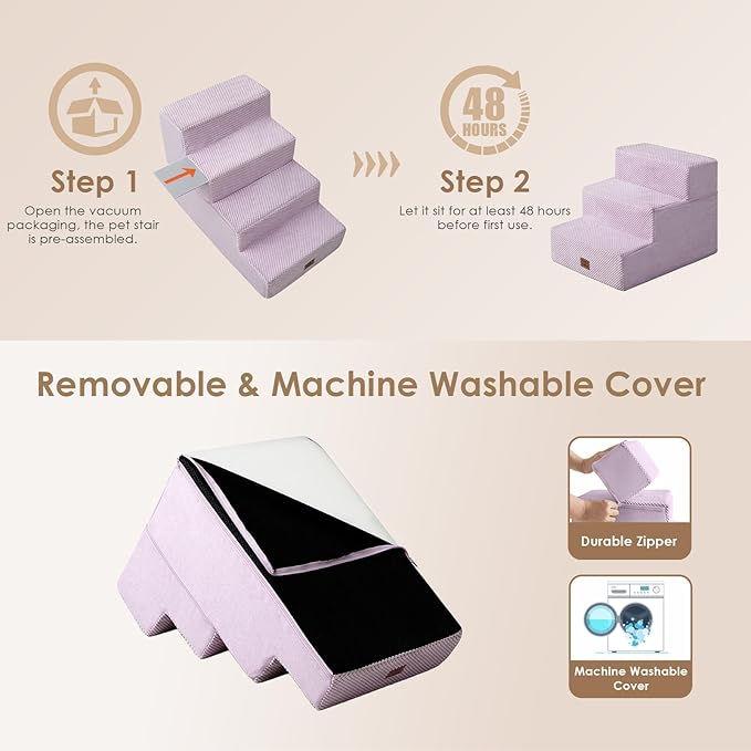 EHEYCIGA Dog Stairs for Small Dogs 13.5" H, 3-Step Dog Steps for Couch Sofa and Chair, Pet Steps for Medium Cats, Non-Slip Balanced Pet Ramp Indoor, Lilac