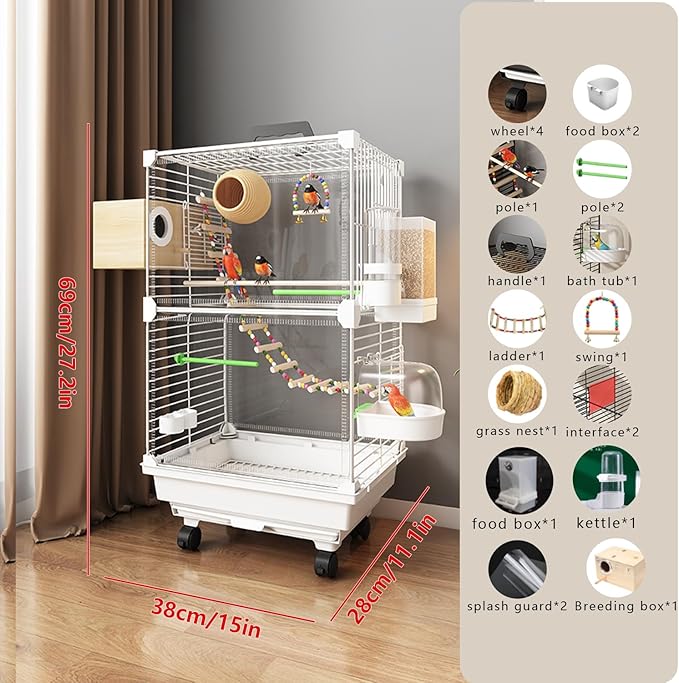 Bird Cage,Large Parrot Cage with Acrylic Doors, 3-Tier Movable Birdcage Parakeet Cage w/Wheels, 360° View Spacious Interactive Bird House (White, with Bathtub)