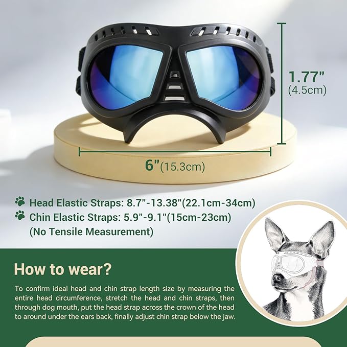 PETLESO Dog Goggles for Small to Medium Breeds, Small Dog Sunglasses UV Protection Windproof Snowproof, Outdoor Driving/Riding/Hiking Pet Eyes Protection, Soft Frame Adjustable Straps, Blue Lens