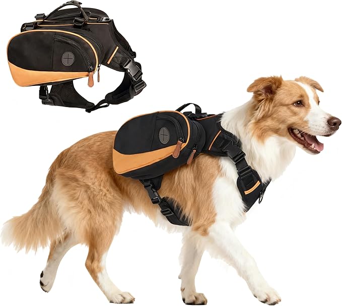 Dog Backpack for Medium & Large Dogs, Detachable Side Bags, Quick-Poop Bag Dispenser | No-Pull Adjustable Harness for Large-Chested Breeds | Non-Slip Handle for Hiking, Walking, Outdoor Adventures（M）
