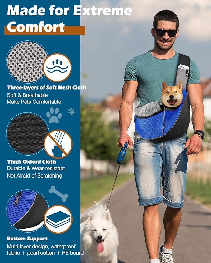 Pawaboo Pet Dog Sling Carrier, Hand Free Breathable Mesh Puppy Carrier, Dog Papoose with Zipper Touch Pocket and Adjustable Strap, Crossbody Satchel Dogs Purse for Outdoor, M, Blue