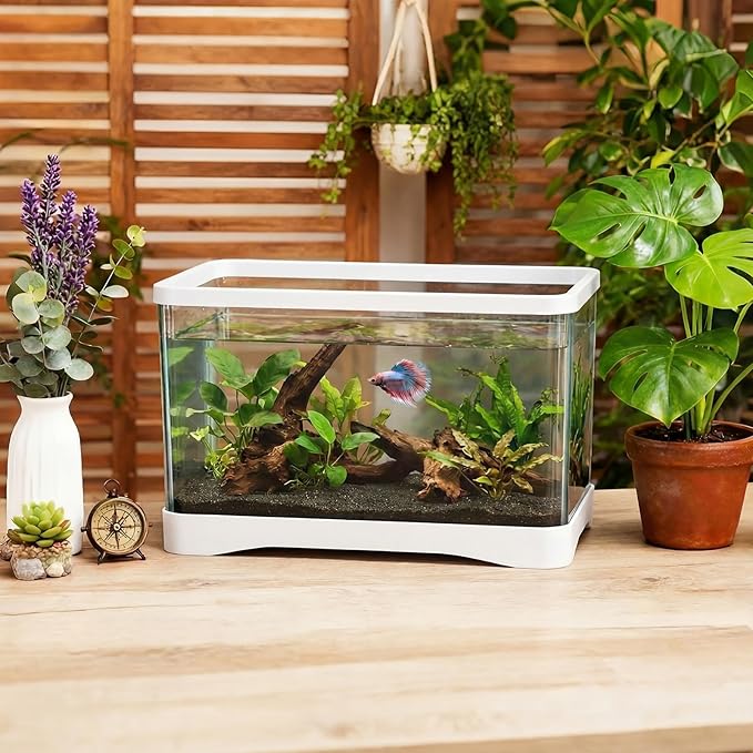 Geelin 2 Gallon Plastic Rectangular Fish Tank, Aquarium for Betta Fish Reptiles Succulents Flower Centerpiece, Shatterproof with Clear Clarity for Home Office Desktop Decors (White)