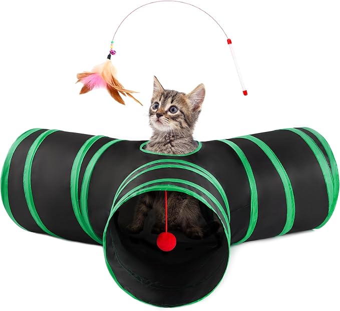 Love’s Cabin Cat Tunnel for Indoor Cats, 3-Way Collapsible Play Tunnel with Teaser Wand, Peek Holes & Toy Ball, Small Pet Toy for Kittens & Rabbits, Black & Green, Small Size
