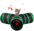 Love’s Cabin Cat Tunnel for Indoor Cats, 3-Way Collapsible Play Tunnel with Teaser Wand, Peek Holes & Toy Ball, Small Pet Toy for Kittens & Rabbits, Black & Green, Small Size