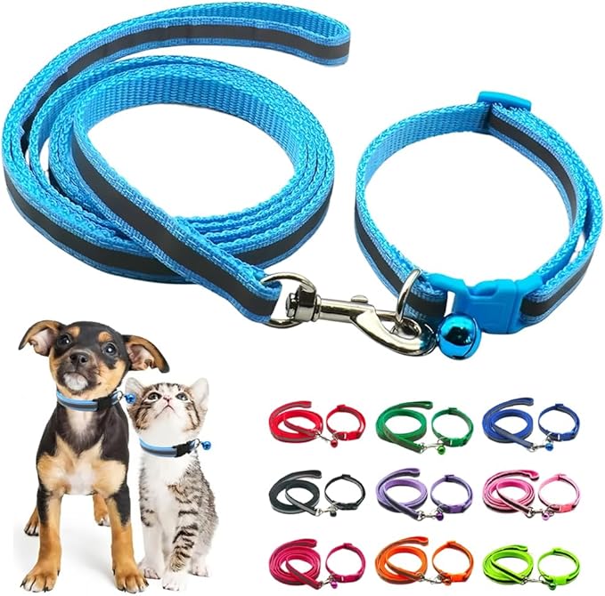 Reflective Puppy Collar and Leash Sets, XSmall Dog Collar and Leash Adjustable Cat Collar with Bell for Tiny Little XXS XS Extra Small Breed Pets Dogs Kittens Girls Boys, Light Blue