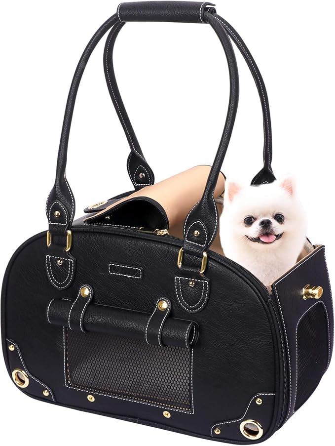 PetsHome Dog Carrier Purse, Pet Carrier, Foldable Waterproof Premium PU Leather Pet Travel Portable Bag Carrier for Cat and Small Dog Home & Outdoor Small Black