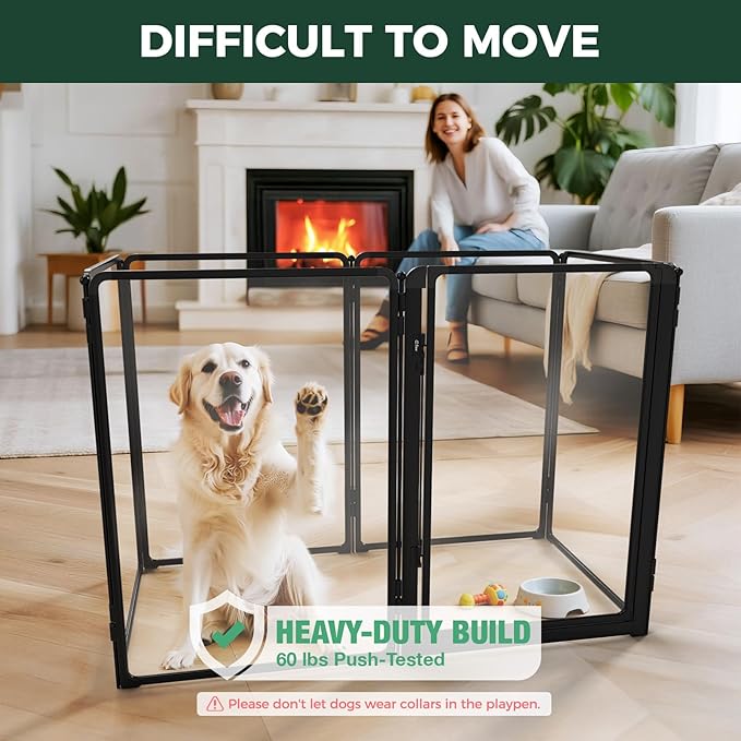 FXW AuraSpace Pro Metal & Acrylic Indoor Dog Playpen, All-Acrylic Clear Heavy-Duty Design, 40" Height 6 Panels for Medium and Large Dogs, Black│Patented