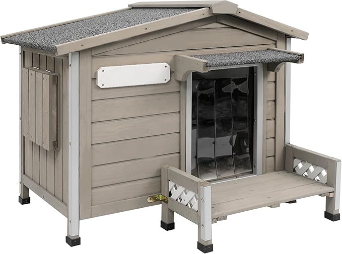 Wooden Dog House Outdoor Weatherproof Chew-Proof Iron Frame, Removable Floor, and Adjustable Window for Small Medium Dogs(Gray, 28.2" L x 18.1" W x 22.4" H)