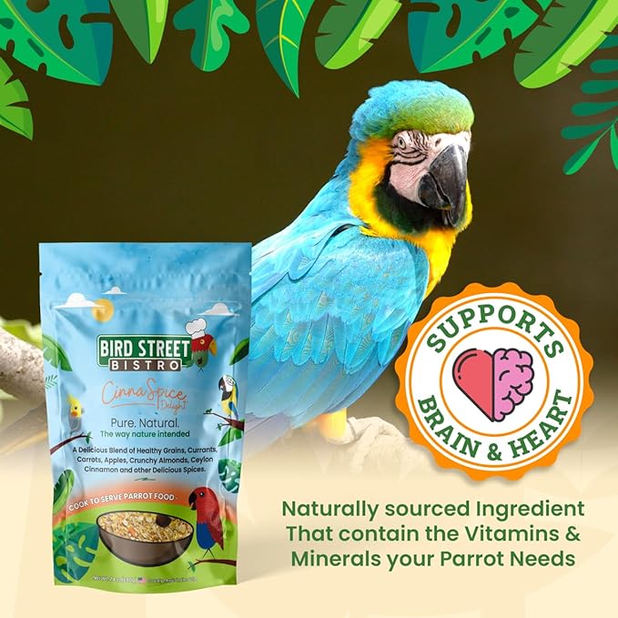 Bird Street Bistro Parrot Food for Parakeets & Cockatiels - CinnaSpice - 24 oz - Cooks in 3-15 min, Natural Grains, Fruits & Vegetables - USA Made