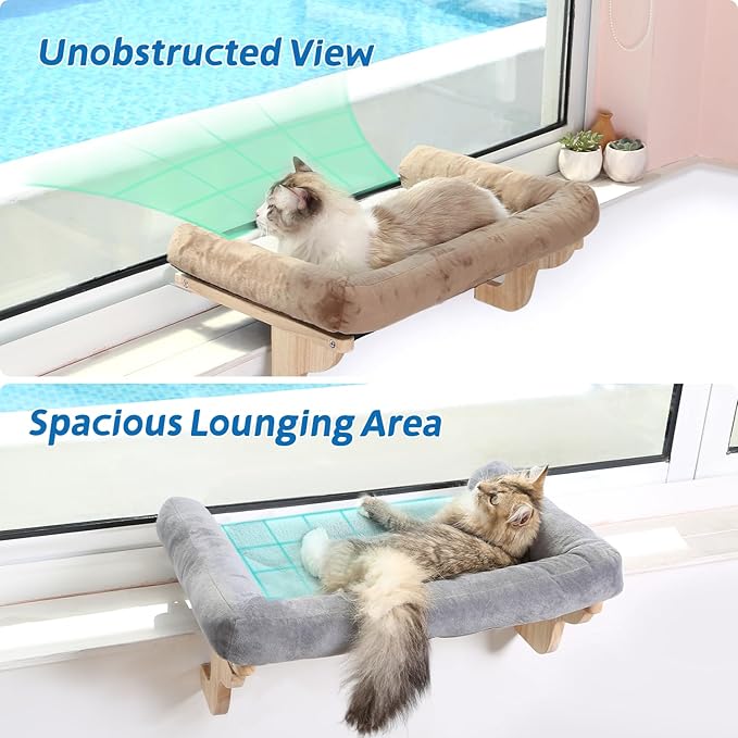 Zakkart Cat Perch for Window Sill with Bolster - Orthopedic Hammock Design with Premium Hardwood & Robust Metal Frame - Cat Window Seat for Large Cats and Kittens - Natural Color Wood Gray Bed, 24''W