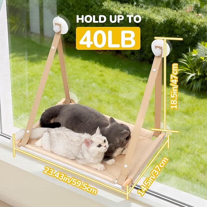 CATISM Cat Window Perch - Cat Hammock for Window, Soft Seat Machine Washable, Solid Wood Frame, 4 Suction Cups, Hammock Bed for Cats Inside(23.43x14.5In) L