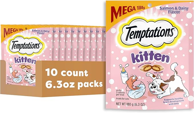 Temptations Kitten Treats Classic Crunchy and Soft Cat Treats, Dairy Flavor, 6.3 oz. Pouch (Pack of 10)