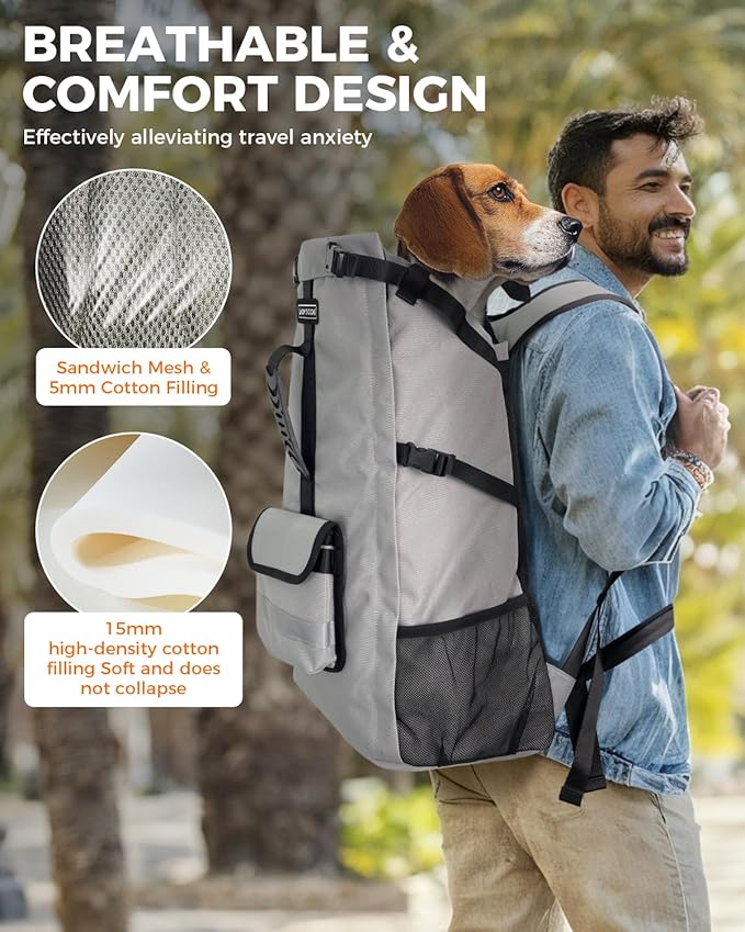 Dog Backpack Carrier for Medium Dogs - 4-Layer Protection, Under 30 lb, Waterproof, Adjustable Dog Travel Bag with Storage Pockets, Reflective Strips, Non-Slip Handle for Hiking - Grey
