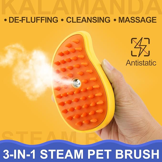 Cat Steam Brush, 3 in 1 Dog Steamy Brush Cleanser, Silicone Massage Grooming Comb, Pet Hair Cleaning Misting Comb for Cats Dogs(Mango Yellow)